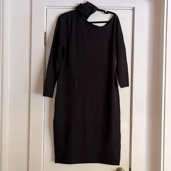 L'AGENCE Annalise Black Asymmetric Turtleneck Sleek Midi Sweater Dress XL